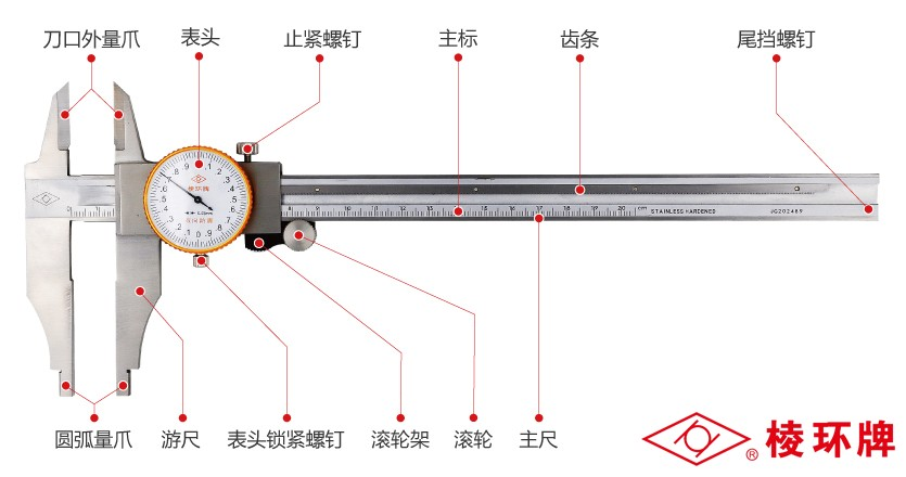 棱环牌不锈钢双面带表卡尺，AB052系列
